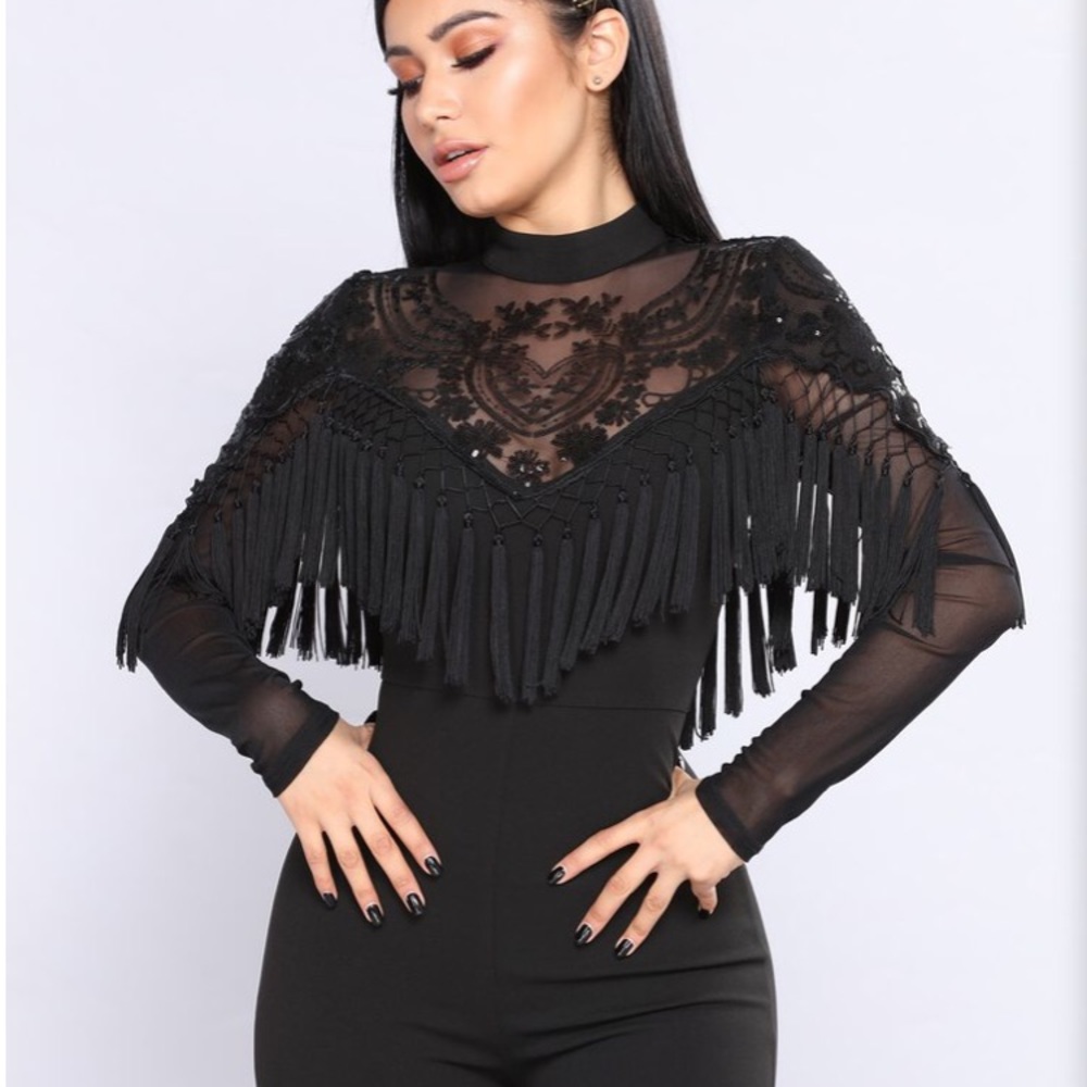Tassel Sparkle and Mesh Black Jumpsuit
